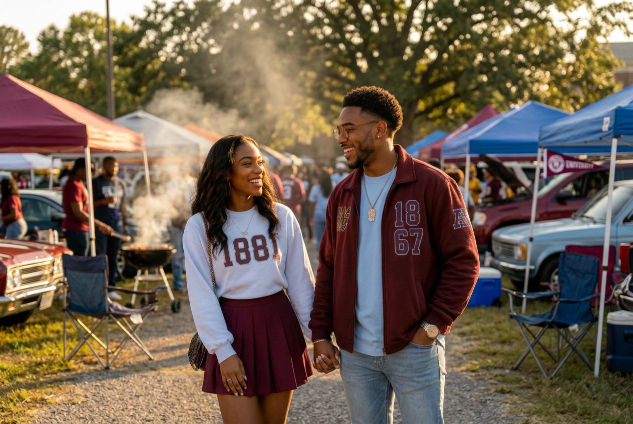 A Morehouse graduate in maroon and a Spelman graduate in light blue laughing together on campus steps